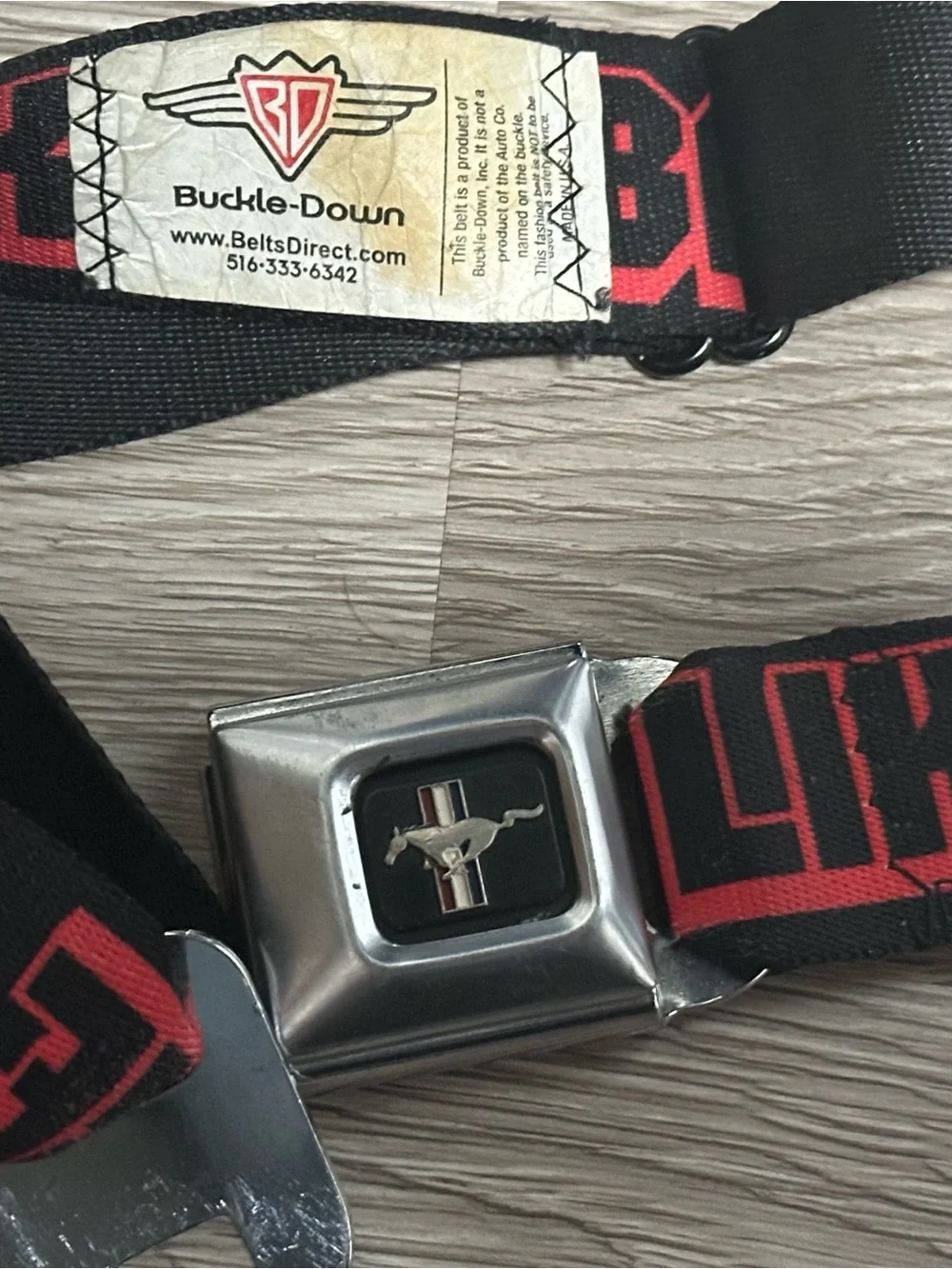 Buckle-Down Black & Red Mustang Seatbelt Belt with Enamel Pony Buckle